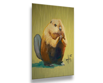 A portrait painting of a simplified beaver sitting in a yellow background with abstract marks suggesting grass and shrubbery. Printed on metal.