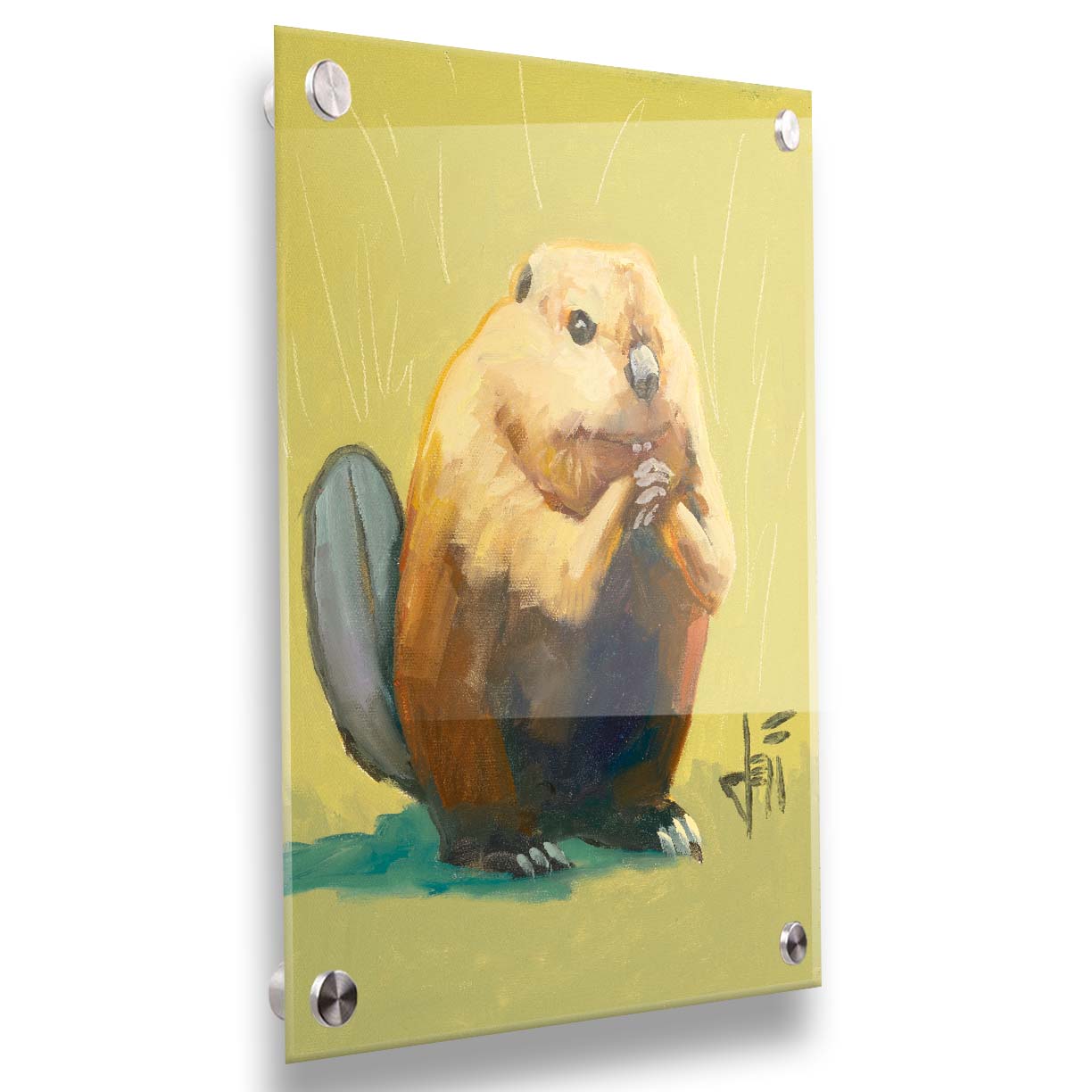 A portrait painting of a simplified beaver sitting in a yellow background with abstract marks suggesting grass and shrubbery. Printed on acrylic.