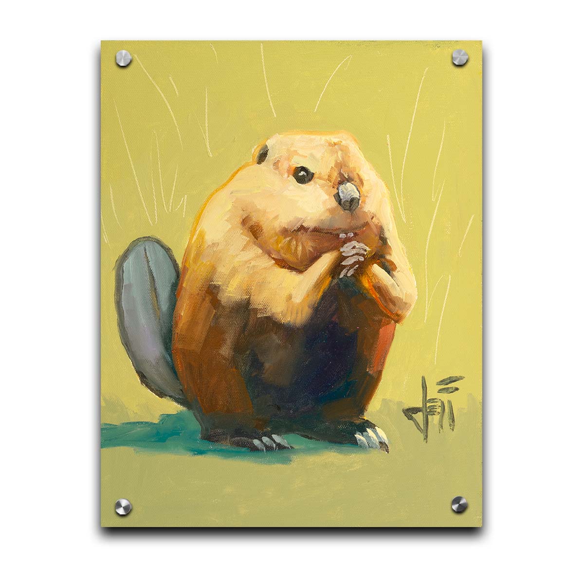 A portrait painting of a simplified beaver sitting in a yellow background with abstract marks suggesting grass and shrubbery. Printed on acrylic.