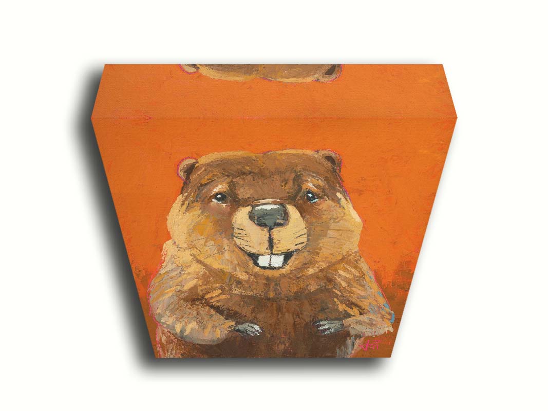 A portrait painting of a beaver against a bright orange background. It is painted utilizing techniques such as broken color, adding exta depth and texture to the piece. Printed on canvas.