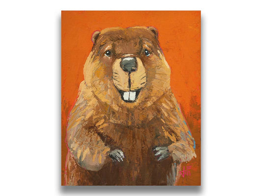 A portrait painting of a beaver against a bright orange background. It is painted utilizing techniques such as broken color, adding exta depth and texture to the piece. Printed on canvas.