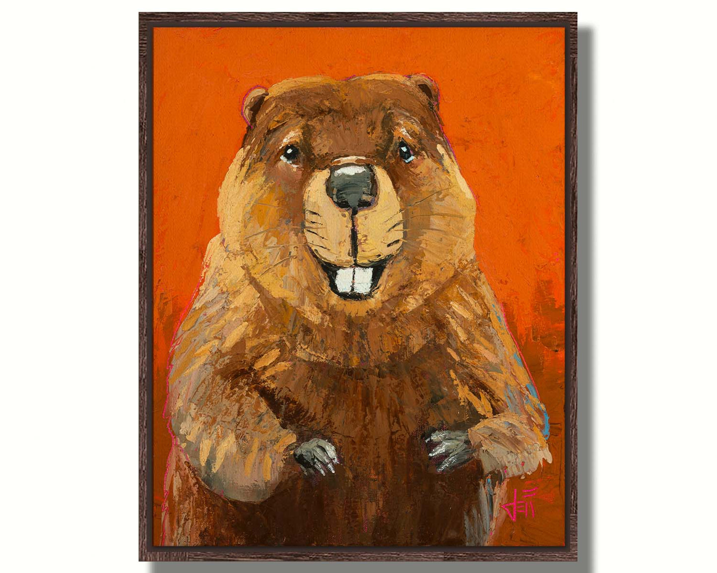 A portrait painting of a beaver against a bright orange background. It is painted utilizing techniques such as broken color, adding exta depth and texture to the piece. Printed on canvas in a float frame.