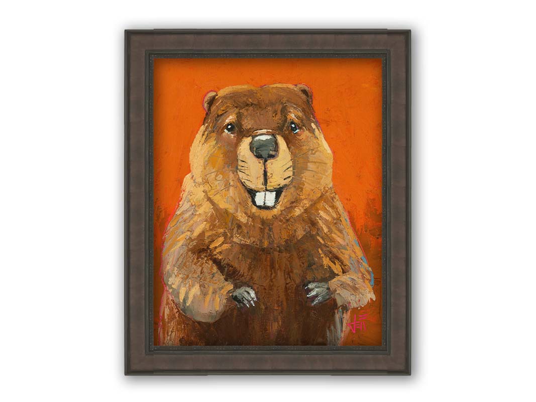 A portrait painting of a beaver against a bright orange background. It is painted utilizing techniques such as broken color, adding exta depth and texture to the piece. Printed on canvas and framed.