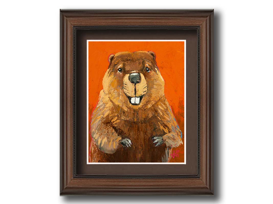 A portrait painting of a beaver against a bright orange background. It is painted utilizing techniques such as broken color, adding exta depth and texture to the piece. Printed on paper, matted, and framed.