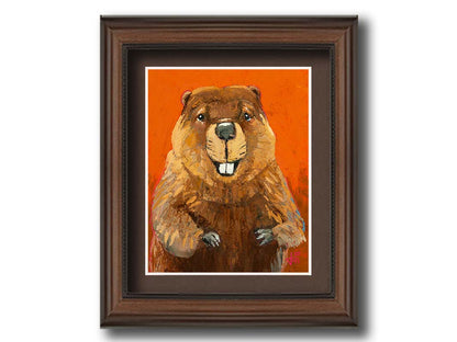 A portrait painting of a beaver against a bright orange background. It is painted utilizing techniques such as broken color, adding exta depth and texture to the piece. Printed on paper, matted, and framed.