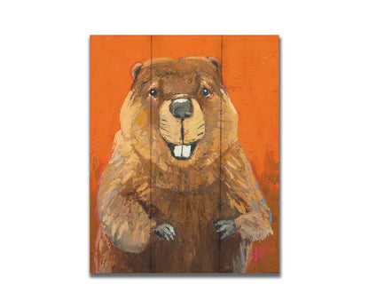 A portrait painting of a beaver against a bright orange background. It is painted utilizing techniques such as broken color, adding exta depth and texture to the piece. Printed on a box board.