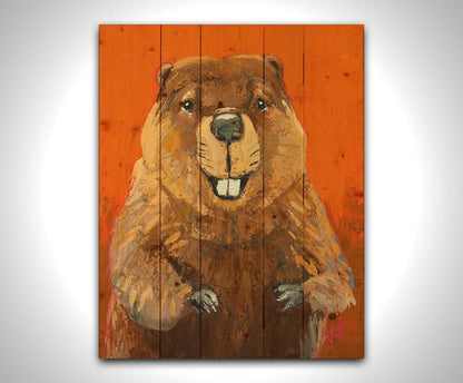 A portrait painting of a beaver against a bright orange background. It is painted utilizing techniques such as broken color, adding exta depth and texture to the piece. Printed on a wood pallet.