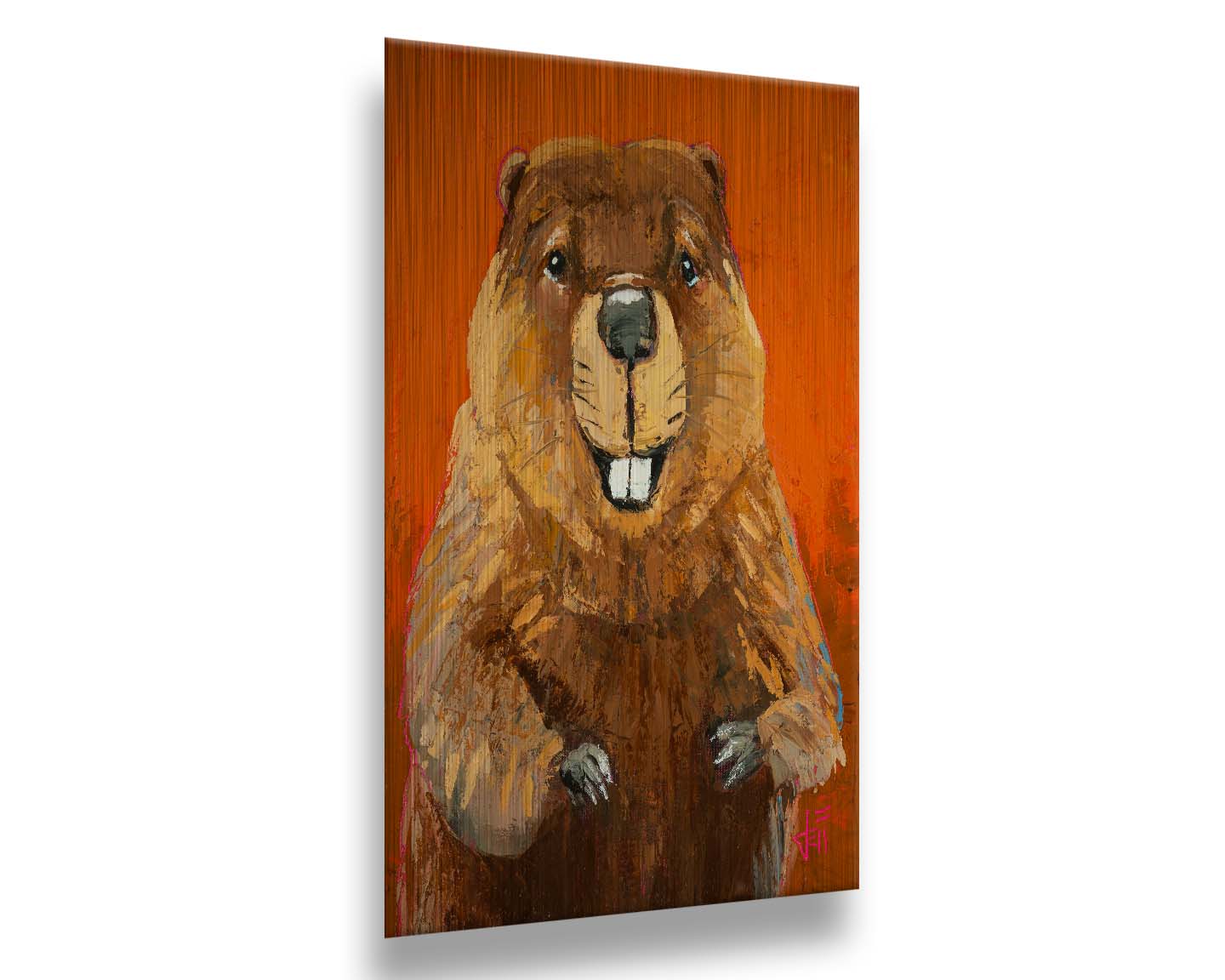 A portrait painting of a beaver against a bright orange background. It is painted utilizing techniques such as broken color, adding exta depth and texture to the piece. Printed on metal.