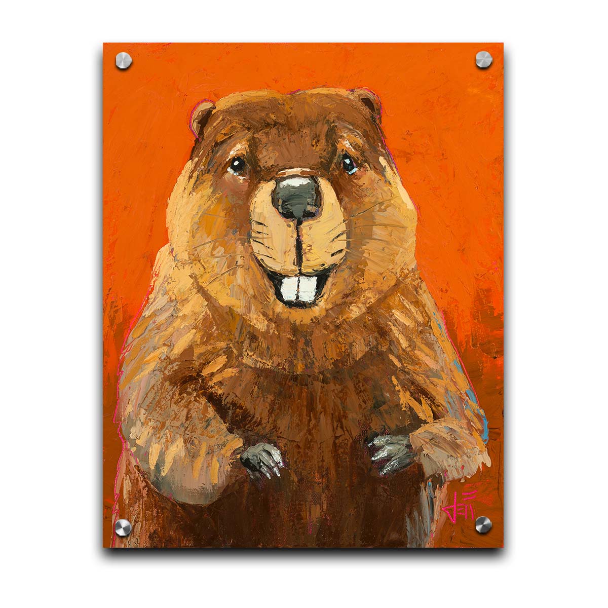 A portrait painting of a beaver against a bright orange background. It is painted utilizing techniques such as broken color, adding exta depth and texture to the piece. Printed on acrylic.