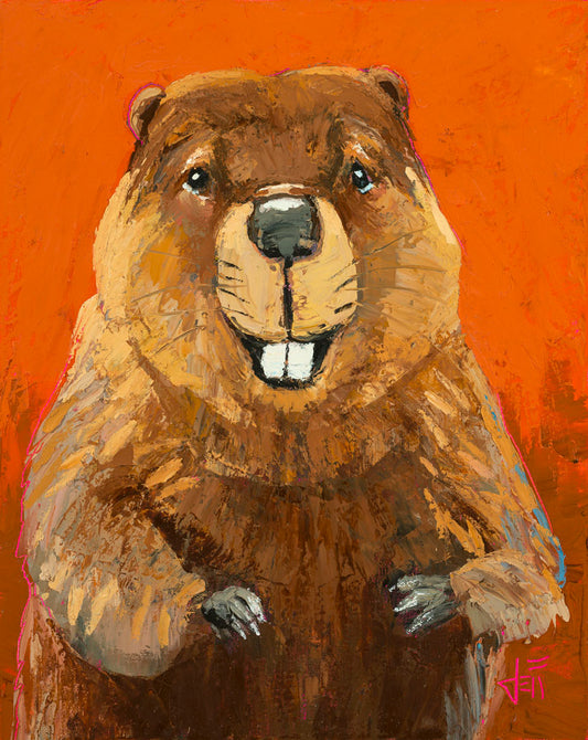 A portrait painting of a beaver against a bright orange background. It is painted utilizing techniques such as broken color, adding extra depth and texture to the piece