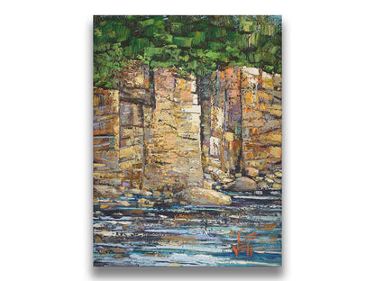 A highly textured painting with visible brushstrokes, depicting a tan cliff face bordering water. At the top of the cliffs grows a dense forest. Printed on canvas.