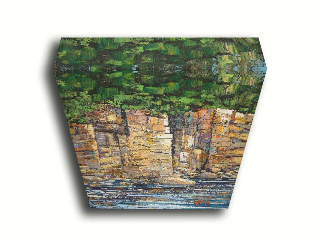 A highly textured painting with visible brushstrokes, depicting a tan cliff face bordering water. At the top of the cliffs grows a dense forest. Printed on canvas.