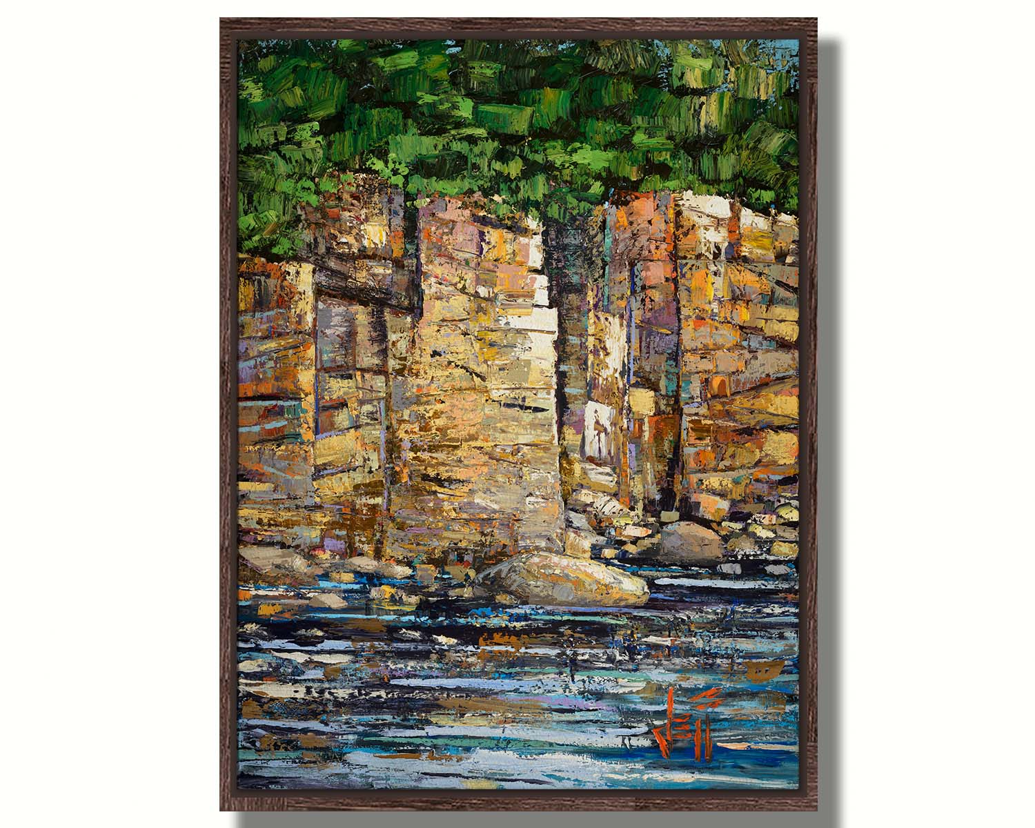 A highly textured painting with visible brushstrokes, depicting a tan cliff face bordering water. At the top of the cliffs grows a dense forest. Printed on canvas in a float frame.