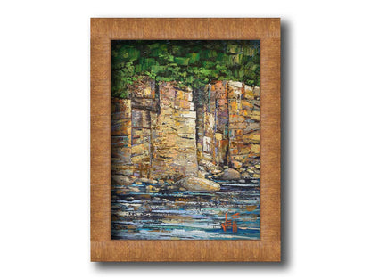 A highly textured painting with visible brushstrokes, depicting a tan cliff face bordering water. At the top of the cliffs grows a dense forest. Printed on canvas and framed.