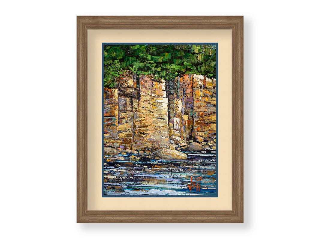 A highly textured painting with visible brushstrokes, depicting a tan cliff face bordering water. At the top of the cliffs grows a dense forest. Printed on paper, matted, and framed.