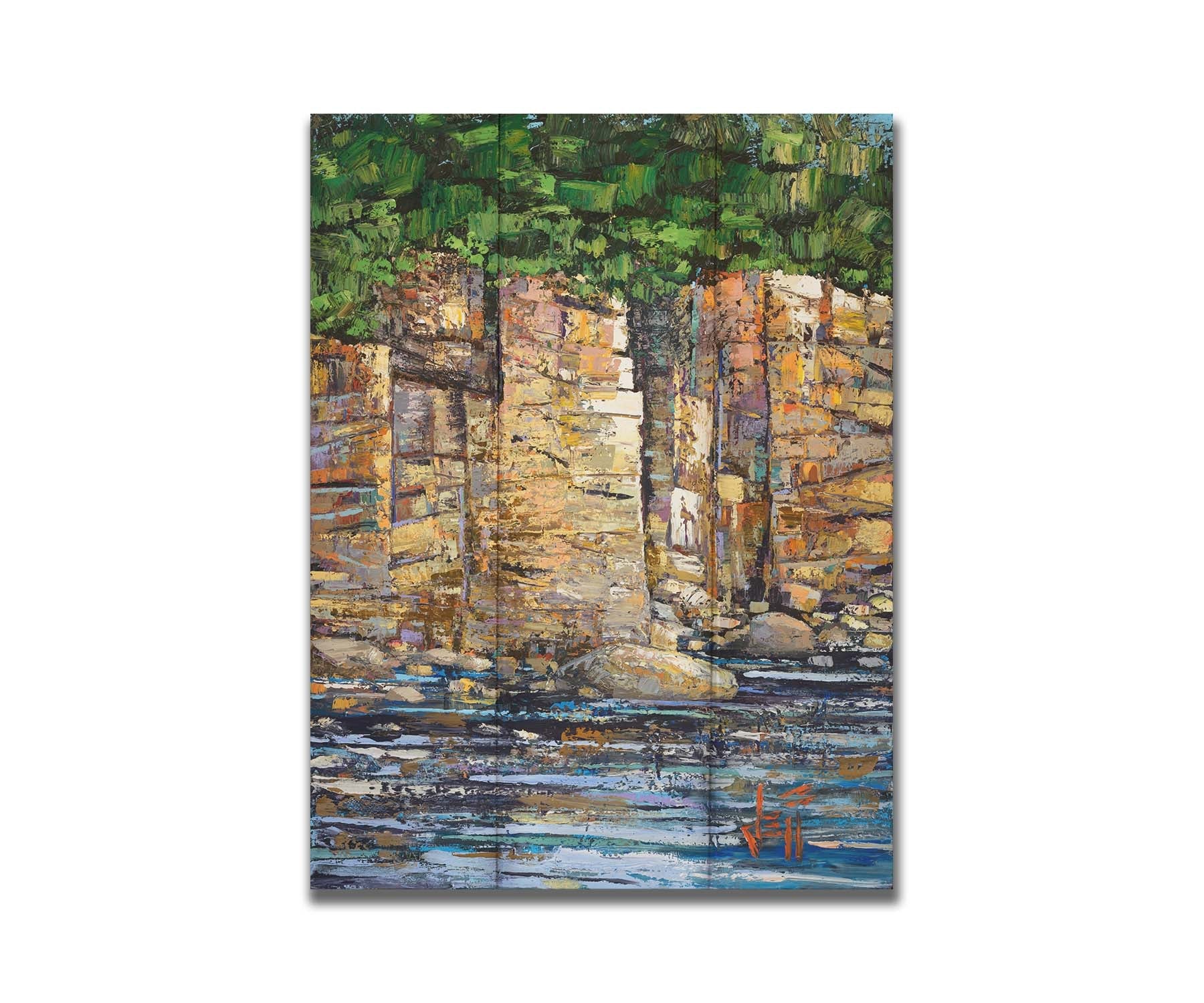 A highly textured painting with visible brushstrokes, depicting a tan cliff face bordering water. At the top of the cliffs grows a dense forest. Printed on a box board.