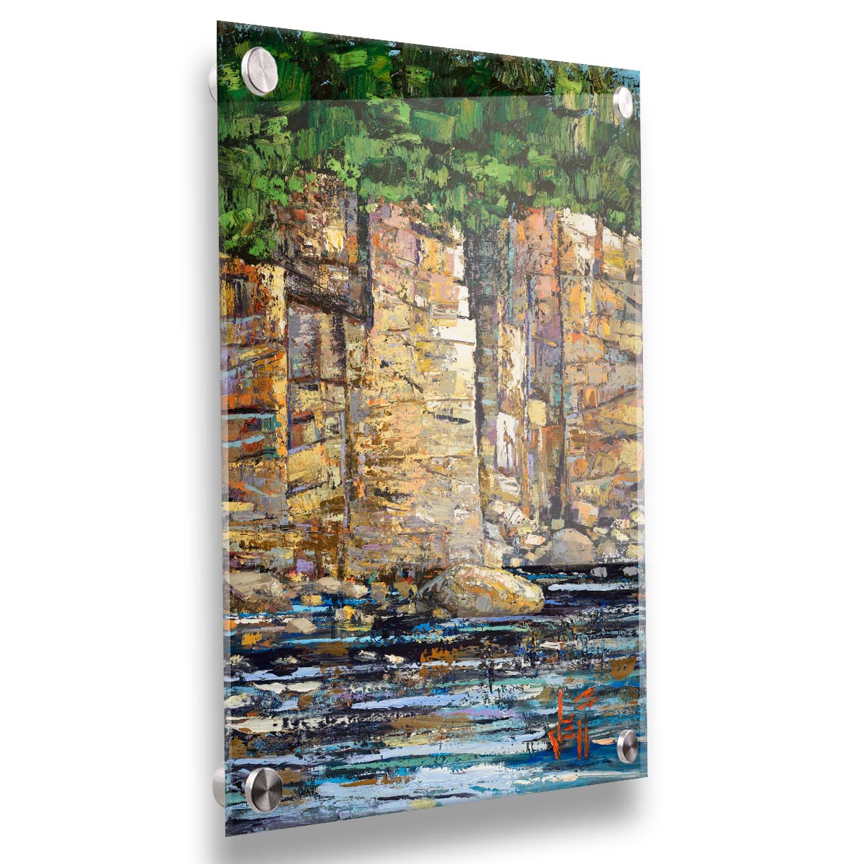 A highly textured painting with visible brushstrokes, depicting a tan cliff face bordering water. At the top of the cliffs grows a dense forest. Printed on acrylic.