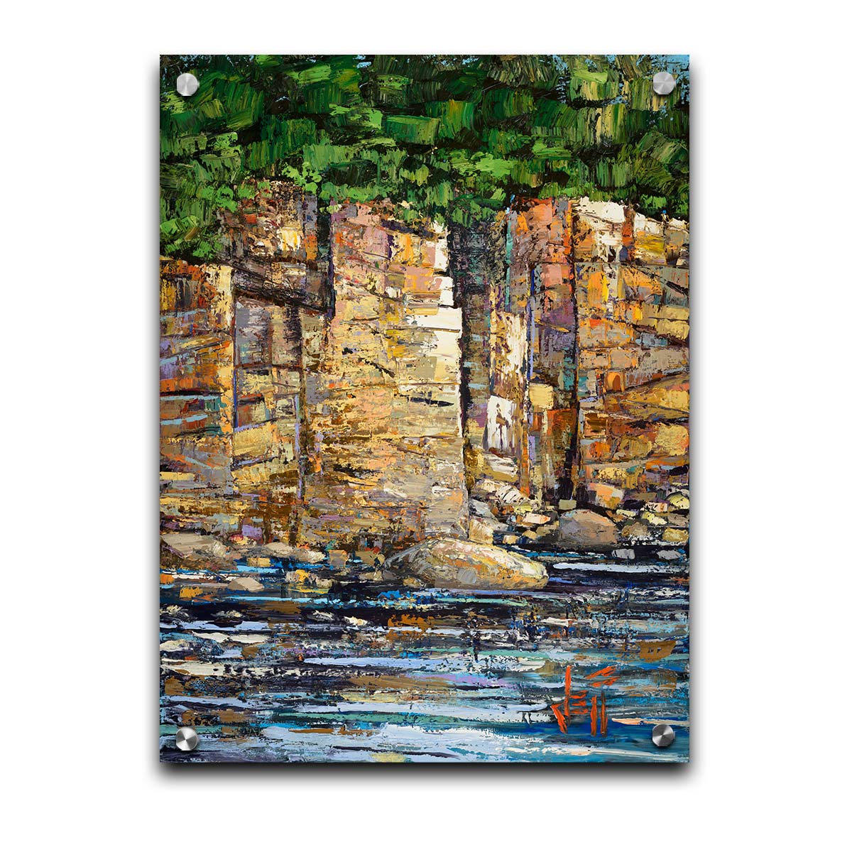 A highly textured painting with visible brushstrokes, depicting a tan cliff face bordering water. At the top of the cliffs grows a dense forest. Printed on acrylic.