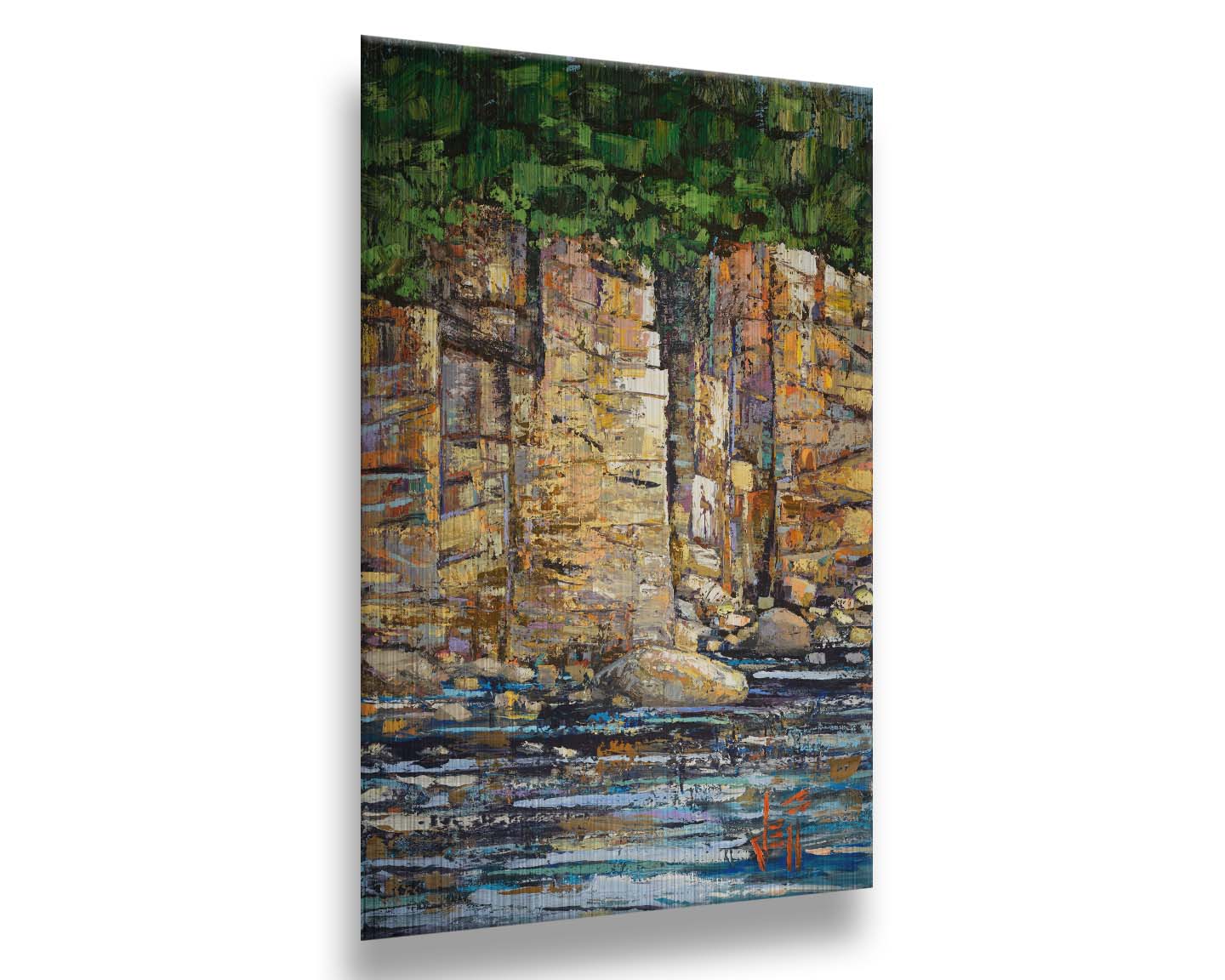 A highly textured painting with visible brushstrokes, depicting a tan cliff face bordering water. At the top of the cliffs grows a dense forest. Printed on metal.