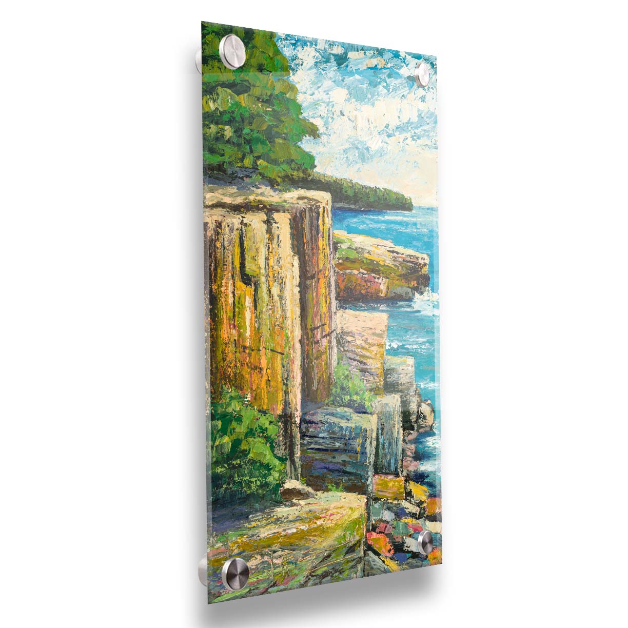 A painting overlooking a waterside clifface. Green forests grow across the tops of the cliffs, and the bright blue waters below splash against a colorful collection of rocks. Printed on acrylic.