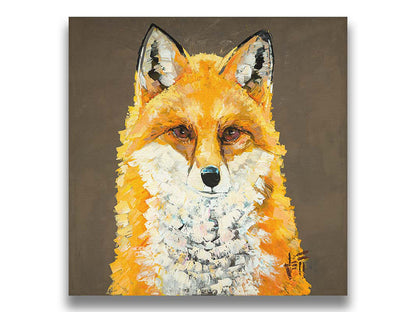 A portrait painting of a vibrant orange fox, highlighted with bright yellows and a white underbelly. It is contrasted by a neutral brown background. Visible brushstrokes add eyecatching texture to the fur. Printed on canvas.