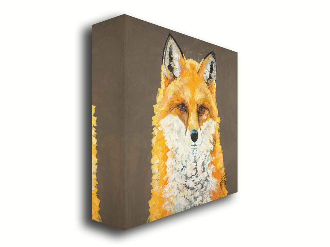 A portrait painting of a vibrant orange fox, highlighted with bright yellows and a white underbelly. It is contrasted by a neutral brown background. Visible brushstrokes add eyecatching texture to the fur. Printed on canvas.