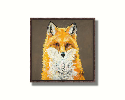 A portrait painting of a vibrant orange fox, highlighted with bright yellows and a white underbelly. It is contrasted by a neutral brown background. Visible brushstrokes add eyecatching texture to the fur. Printed on canvas in a float frame.