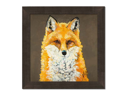 A portrait painting of a vibrant orange fox, highlighted with bright yellows and a white underbelly. It is contrasted by a neutral brown background. Visible brushstrokes add eyecatching texture to the fur. Printed on canvas and framed.