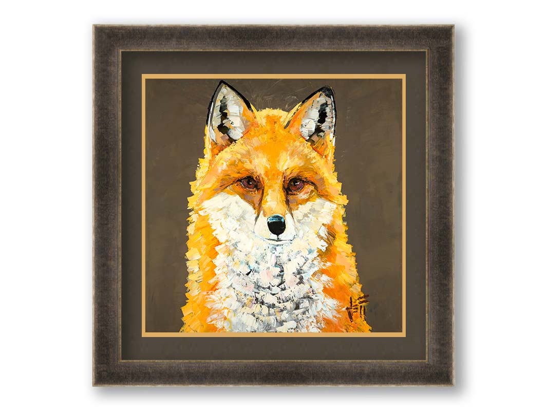 A portrait painting of a vibrant orange fox, highlighted with bright yellows and a white underbelly. It is contrasted by a neutral brown background. Visible brushstrokes add eyecatching texture to the fur. Printed on paper, matted, and framed.