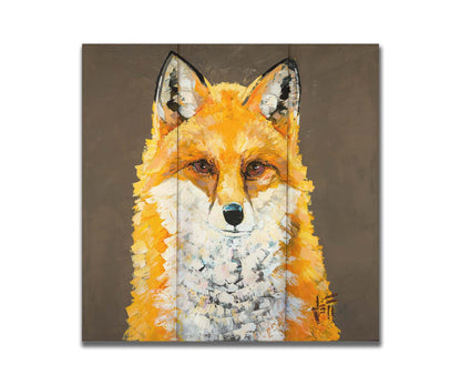 A portrait painting of a vibrant orange fox, highlighted with bright yellows and a white underbelly. It is contrasted by a neutral brown background. Visible brushstrokes add eyecatching texture to the fur. Printed on a box board.