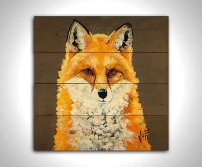 A portrait painting of a vibrant orange fox, highlighted with bright yellows and a white underbelly. It is contrasted by a neutral brown background. Visible brushstrokes add eyecatching texture to the fur. Printed on a wood pallet.