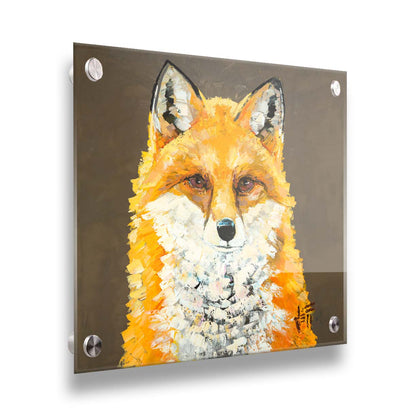 A portrait painting of a vibrant orange fox, highlighted with bright yellows and a white underbelly. It is contrasted by a neutral brown background. Visible brushstrokes add eyecatching texture to the fur. Printed on acrylic.