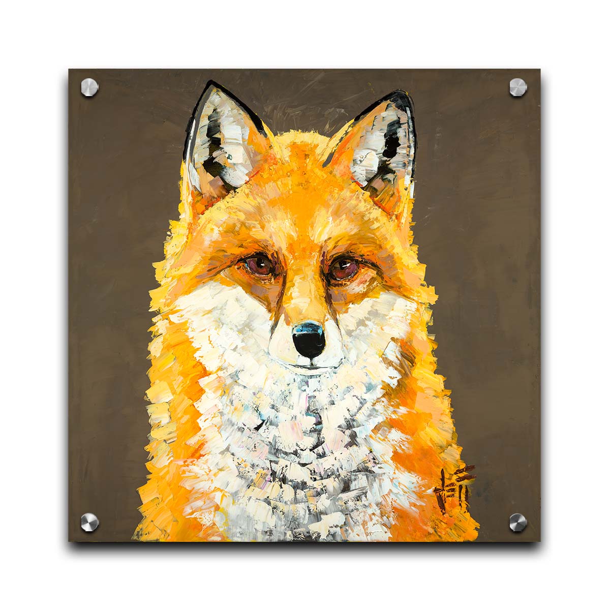 A portrait painting of a vibrant orange fox, highlighted with bright yellows and a white underbelly. It is contrasted by a neutral brown background. Visible brushstrokes add eyecatching texture to the fur. Printed on acrylic.