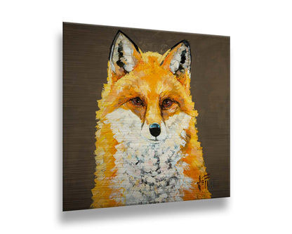 A portrait painting of a vibrant orange fox, highlighted with bright yellows and a white underbelly. It is contrasted by a neutral brown background. Visible brushstrokes add eyecatching texture to the fur. Printed on metal.