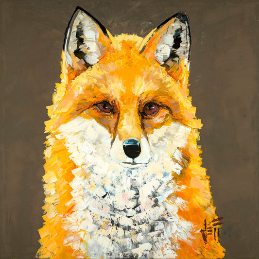 A portrait painting of a vibrant orange fox, highlighted with bright yellows and a white underbelly. It is contrasted by a neutral brown background. Visible brushstrokes add eye-catching texture to the fur.
