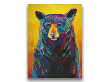 A portrait painting of a black bear, represented in colorful accents of reds, blues, greens, and purples against an orange and yellow background. Printed on canvas.