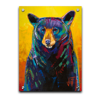 A portrait painting of a black bear, represented in colorful accents of reds, blues, greens, and purples against an orange and yellow background. Printed on acrylic.