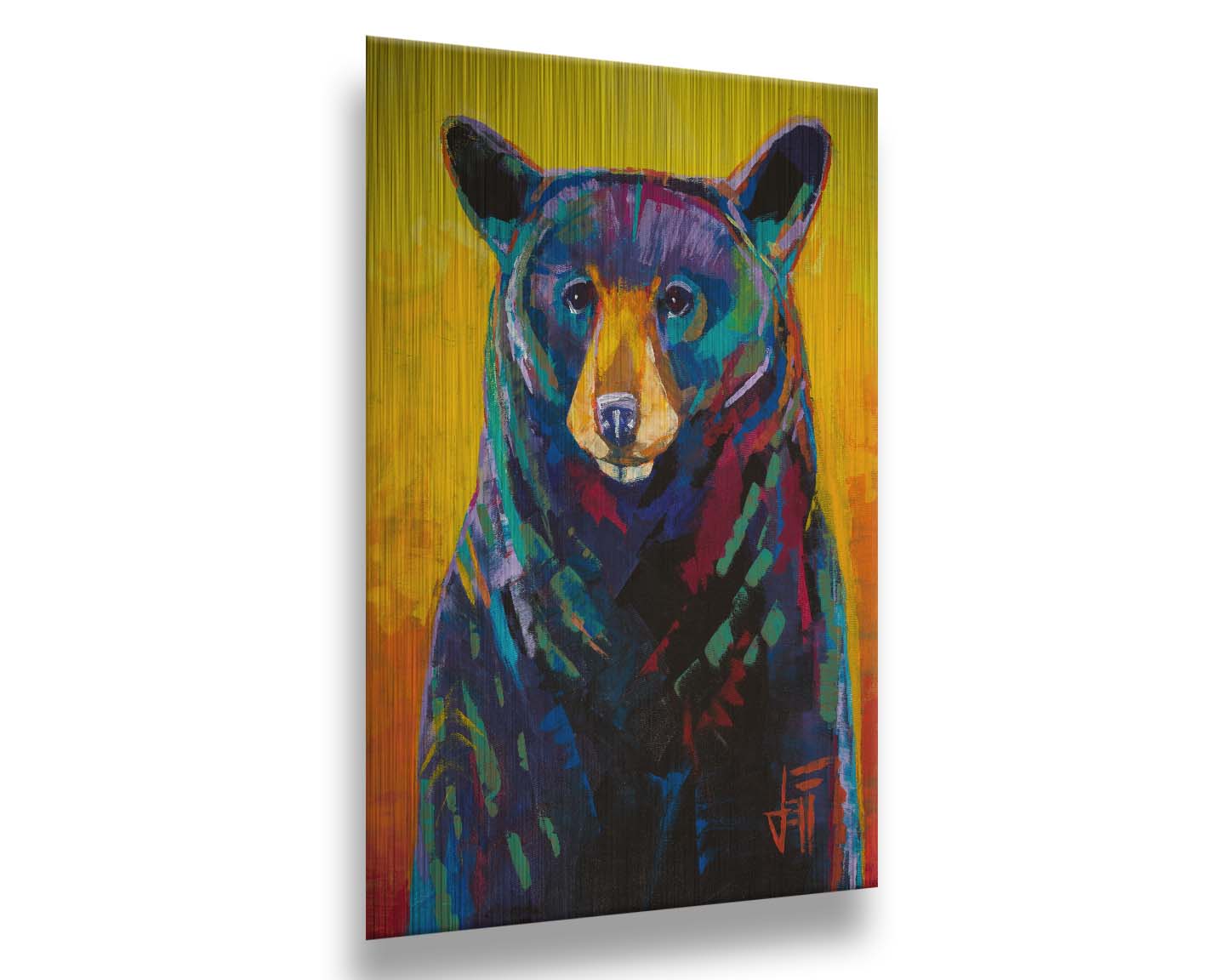 A portrait painting of a black bear, represented in colorful accents of reds, blues, greens, and purples against an orange and yellow background. Printed on metal.