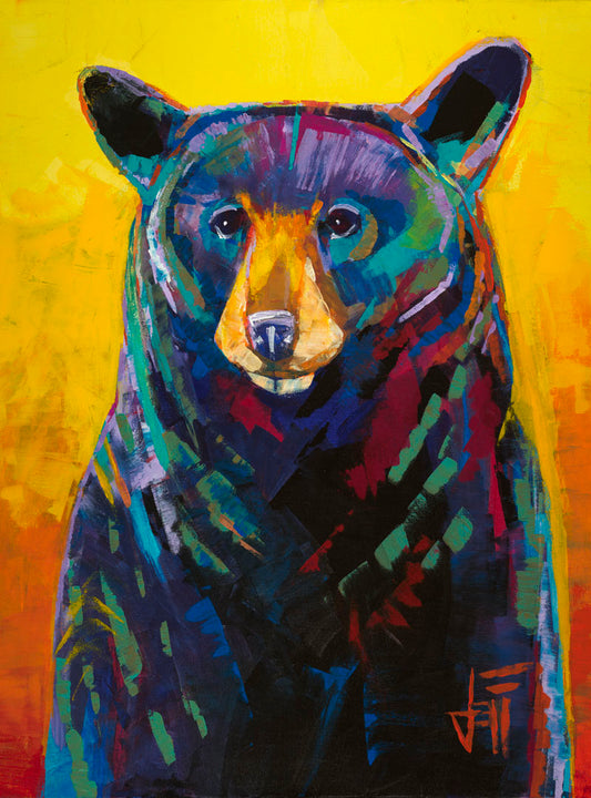 A portrait painting of a black bear, represented in colorful accents of reds, blues, greens, and purples against an orange and yellow background.