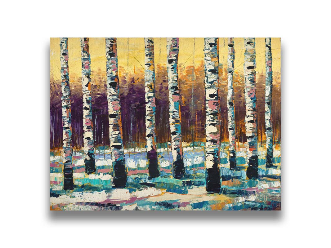 A painting of a birch forest in the winter. The ground is coated in white snow, matching the white bark of the trees, which cast blue shadows onto the snow. Printed on canvas.