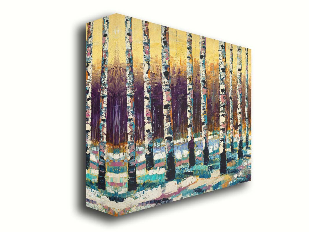 A painting of a birch forest in the winter. The ground is coated in white snow, matching the white bark of the trees, which cast blue shadows onto the snow. Printed on canvas.