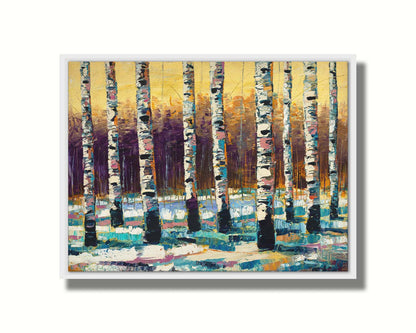 A painting of a birch forest in the winter. The ground is coated in white snow, matching the white bark of the trees, which cast blue shadows onto the snow. Printed on canvas in a float frame.