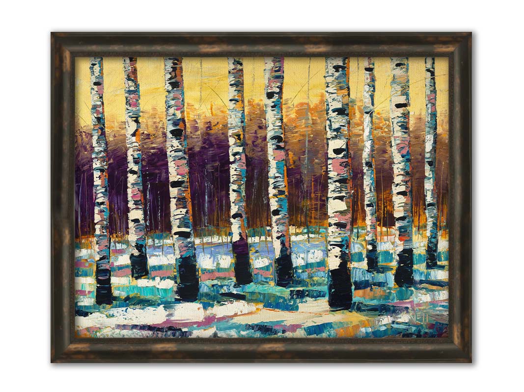 A painting of a birch forest in the winter. The ground is coated in white snow, matching the white bark of the trees, which cast blue shadows onto the snow. Printed on canvas and framed.