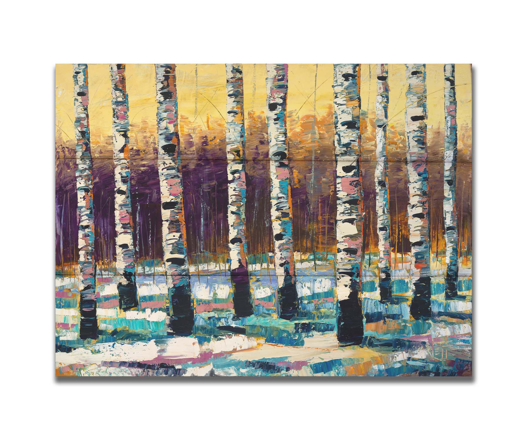 A painting of a birch forest in the winter. The ground is coated in white snow, matching the white bark of the trees, which cast blue shadows onto the snow. Printed on a box board.