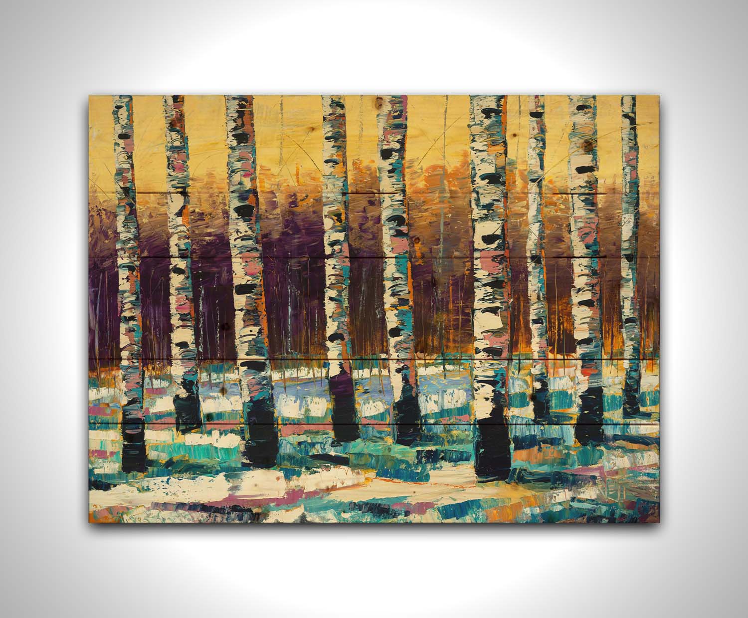 A painting of a birch forest in the winter. The ground is coated in white snow, matching the white bark of the trees, which cast blue shadows onto the snow. Printed on a wood pallet.