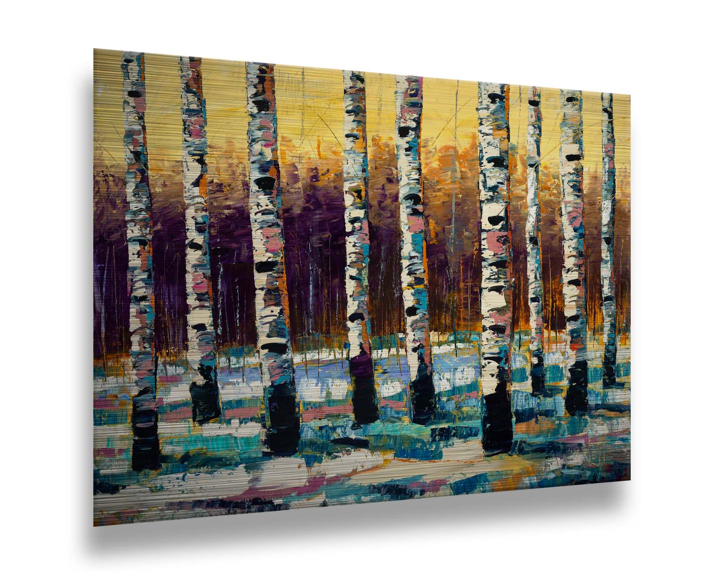 A painting of a birch forest in the winter. The ground is coated in white snow, matching the white bark of the trees, which cast blue shadows onto the snow. Printed on metal.