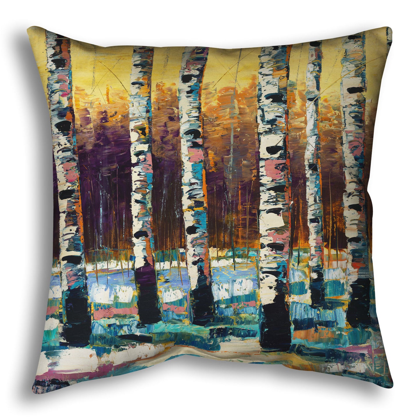 A throw pillow designed with a colorful, textured painting of a birch forest on a snowy winter day.