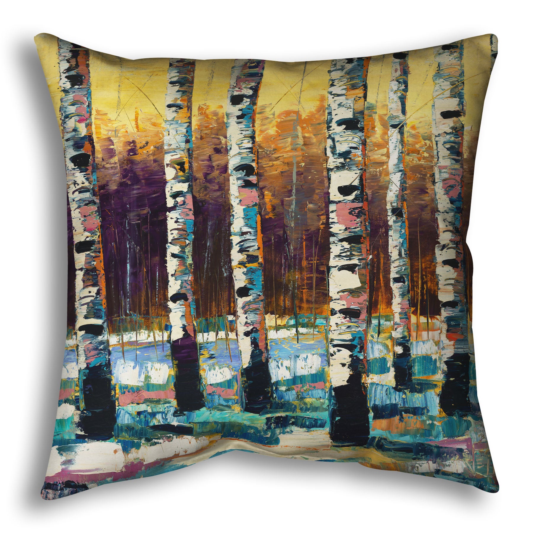 A throw pillow designed with a colorful, textured painting of a birch forest on a snowy winter day.