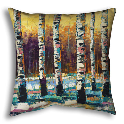 A throw pillow designed with a colorful, textured painting of a birch forest on a snowy winter day.