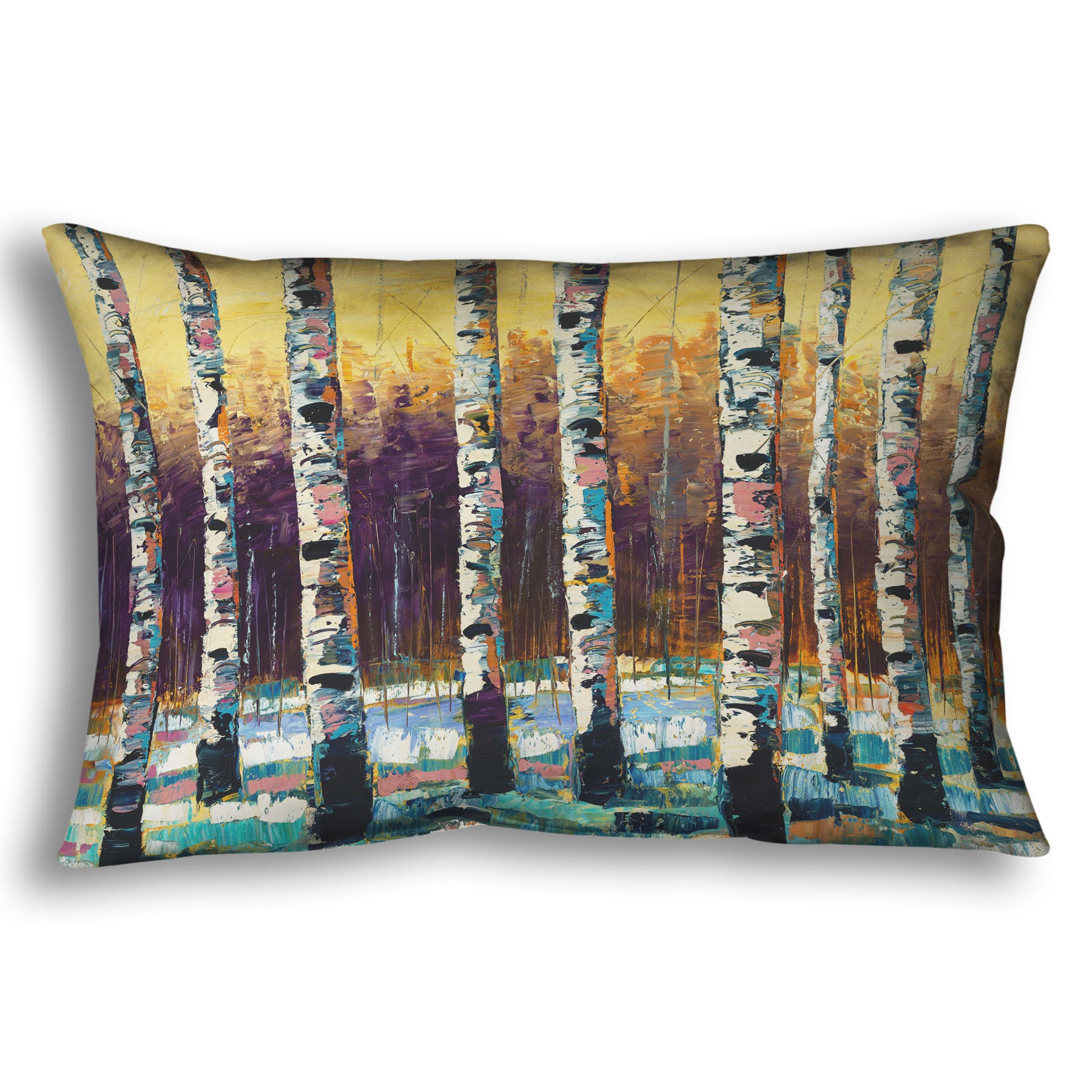 A throw pillow designed with a colorful, textured painting of a birch forest on a snowy winter day.
